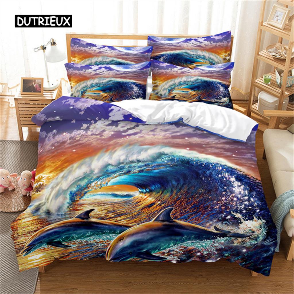 Прекрасный пододеяльник с дельфинами, синий океан, морской комплект постельного белья с изображением животных размера «queen-king», покрывало для женщин и девочек, украшение для спальни