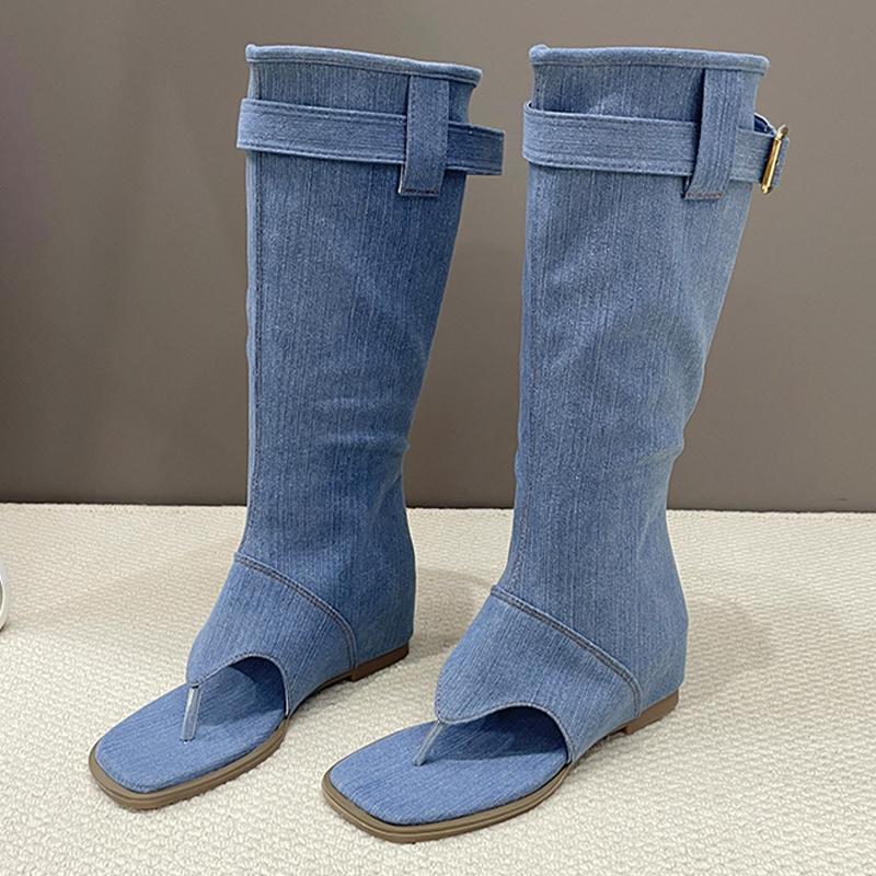 Модные женские ковбойские сапоги до колена, сандалии, туфли на плоской подошве с застежкой-молнией, осень 2024, новые дизайнерские туфли для ходьбы, удобный бренд Mujer Zapatos