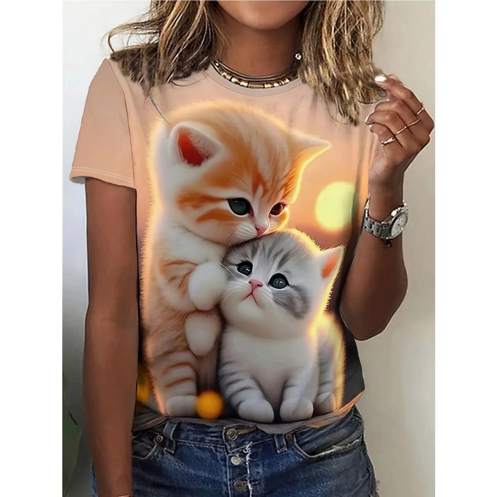 2025 Summer New Women's 3D Digital Printed T-shirt Creative Animal Pattern Round Neck Casual Short Sleeve Loose Fashion Top