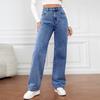 Women Jeans High Waist Zipper Button Closure Solid Color Slim Fit Wide Leg Retro Straight Pockets Soft Colorfast Lady Full Length Denim Pants