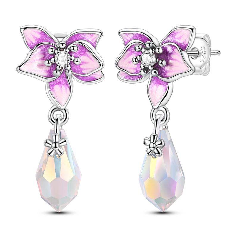 925 Silver Earrings Shining Zircon Cherry Rainbow Flower Mushroom Iris Flower Hoop Earring for Women Party Jewelry Gift