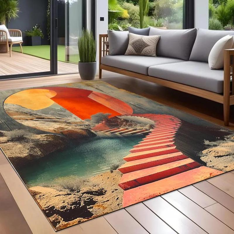 70s Retro Burnt Orange Carpet Earthy Brown and Cream Geometric Mid Century Modern Indoor Outdoor Patio and Porch Decor Area Rug