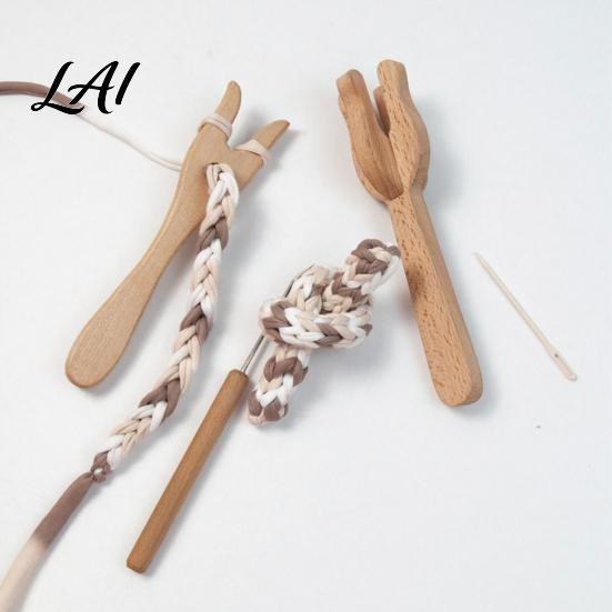 DIY Weaving Kit Wooden Knitting Fork Braiding Tools 4 Set Includes Braider Lucet for Curved Needle And Big Eye Rug Making Bracelet Necklace Gift