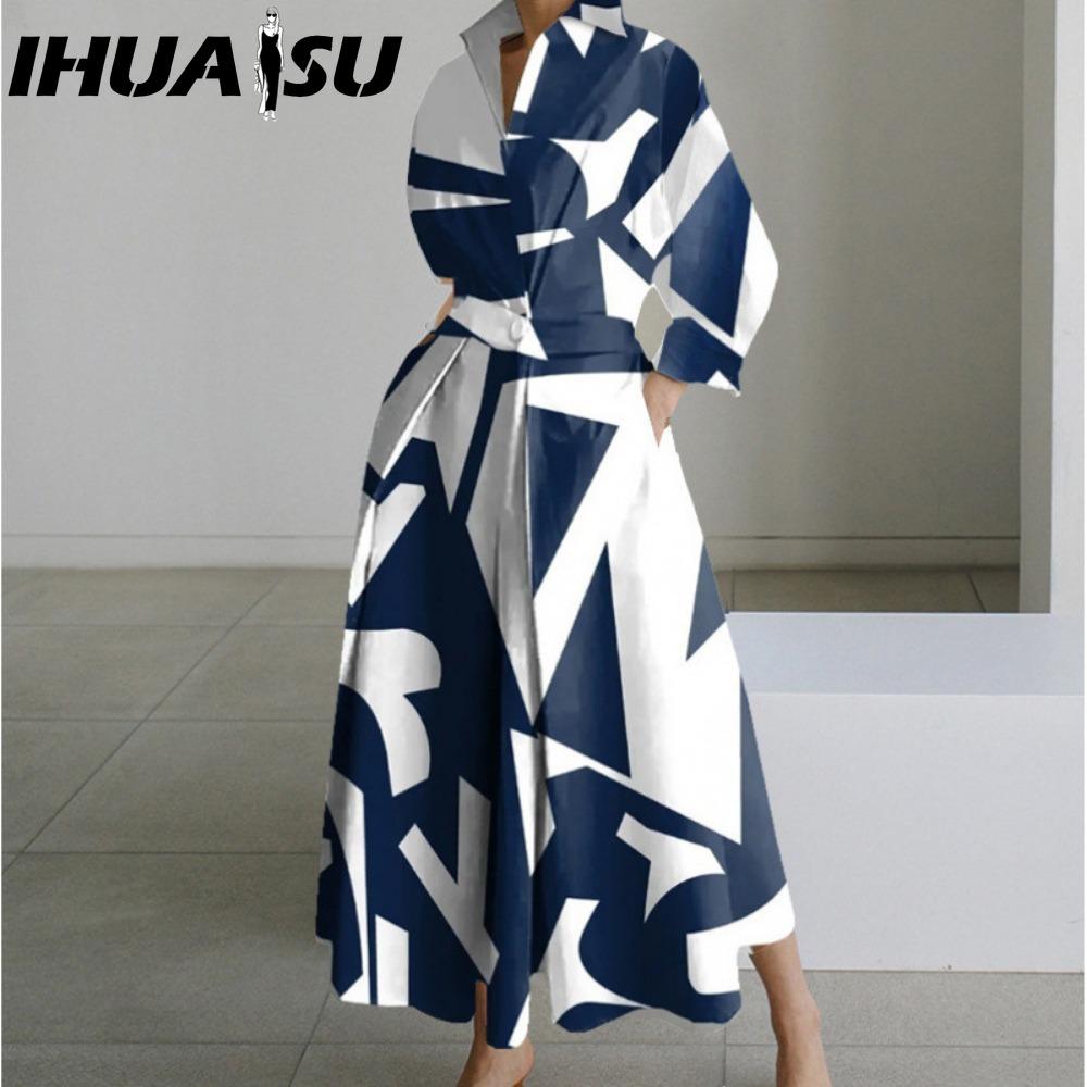 IHUASU Женская мода весна осень длинные рукава поло-воротник повседневные платья