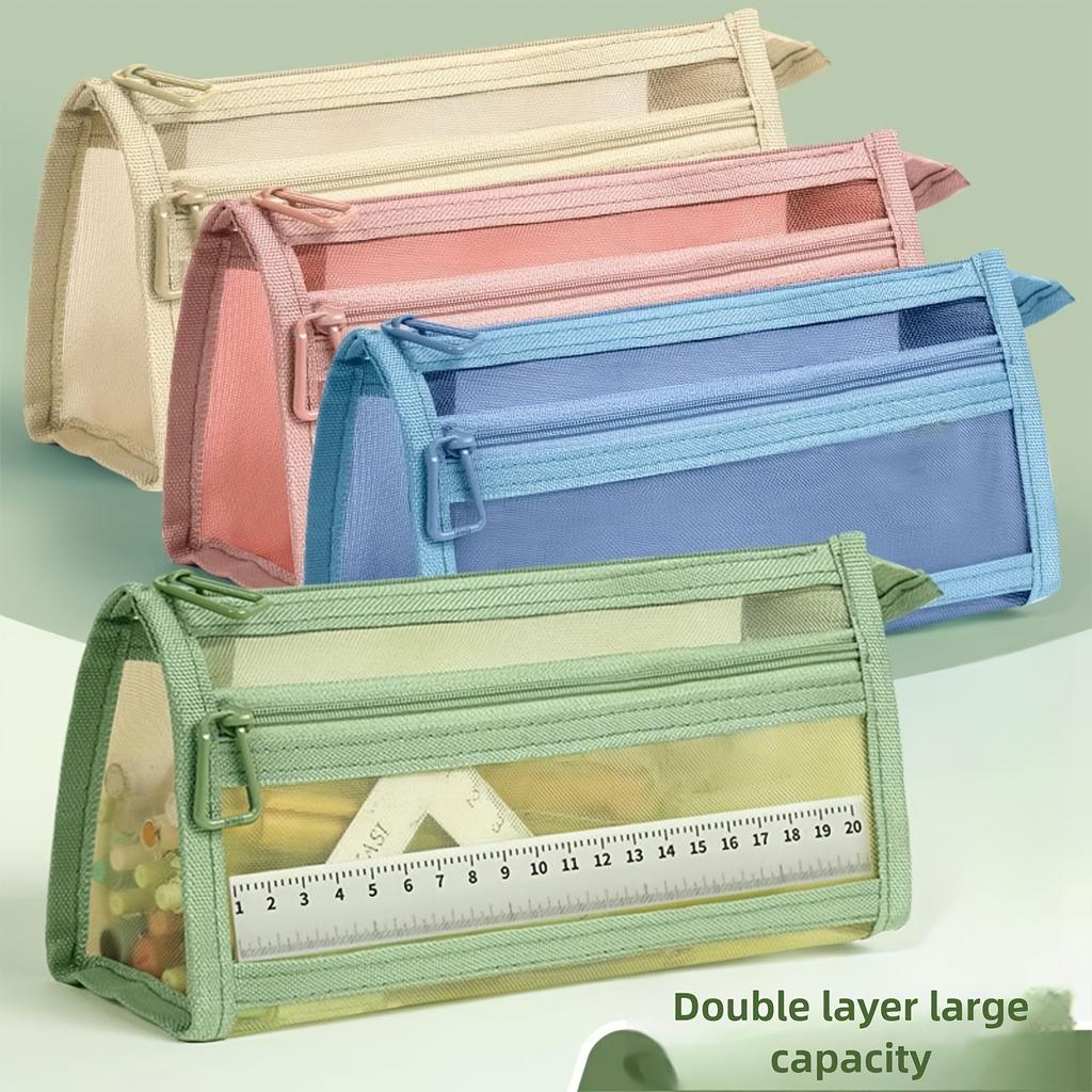 Desk Storage Morandi Grid Mesh Pencil Case, Clear Double-layer Cosmetic Makeup Bag with Zipper & Handle