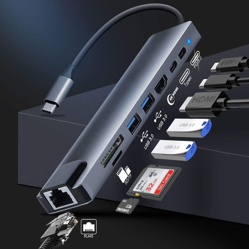 8-in-1 Multi-Function USB C Hub with 4K USB-C to for HDMI Ethernet 3 USB 3.0 Ports and TF Card Reader Adapter Stock Available