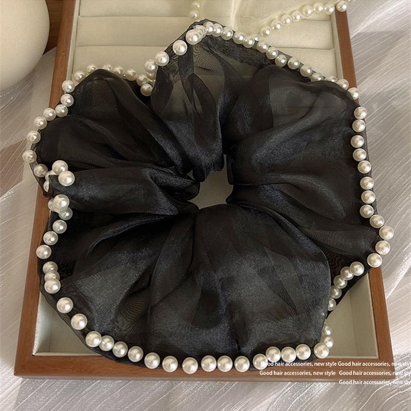 Korean Version Imitation Pearl Mesh Large Size Hair Loop French Style Large Intestine Hair Loop Headrope Women's High-end Lace Headflower