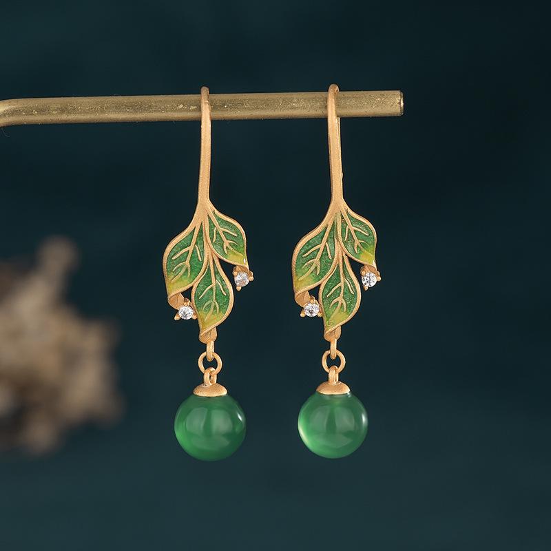 Green Jade Drop Dangle Earrings Boho Gemstone Leaf Design Hook 18K Gold Plated
