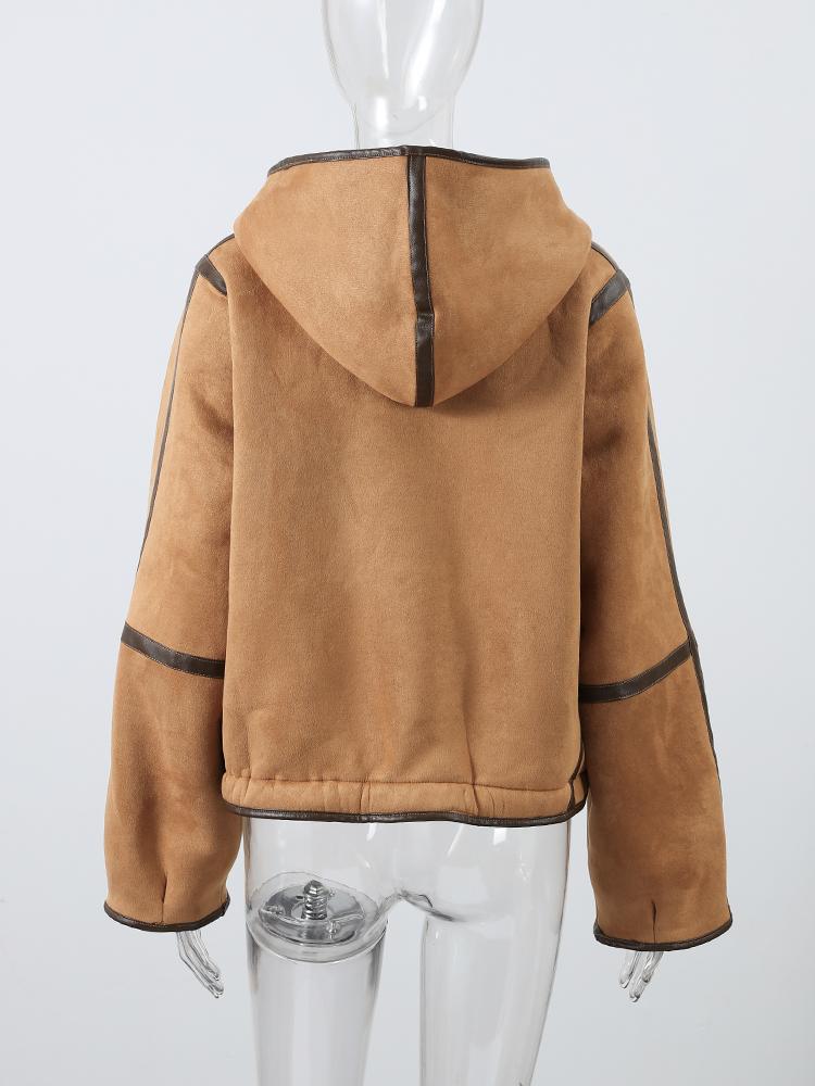 Женская двусторонняя зимняя куртка с капюшоном, на пуговицах из коровьего рога, хлопковая куртка, замшевая, из овечьей шерсти, теплая куртка, модный стиль, осень и зима