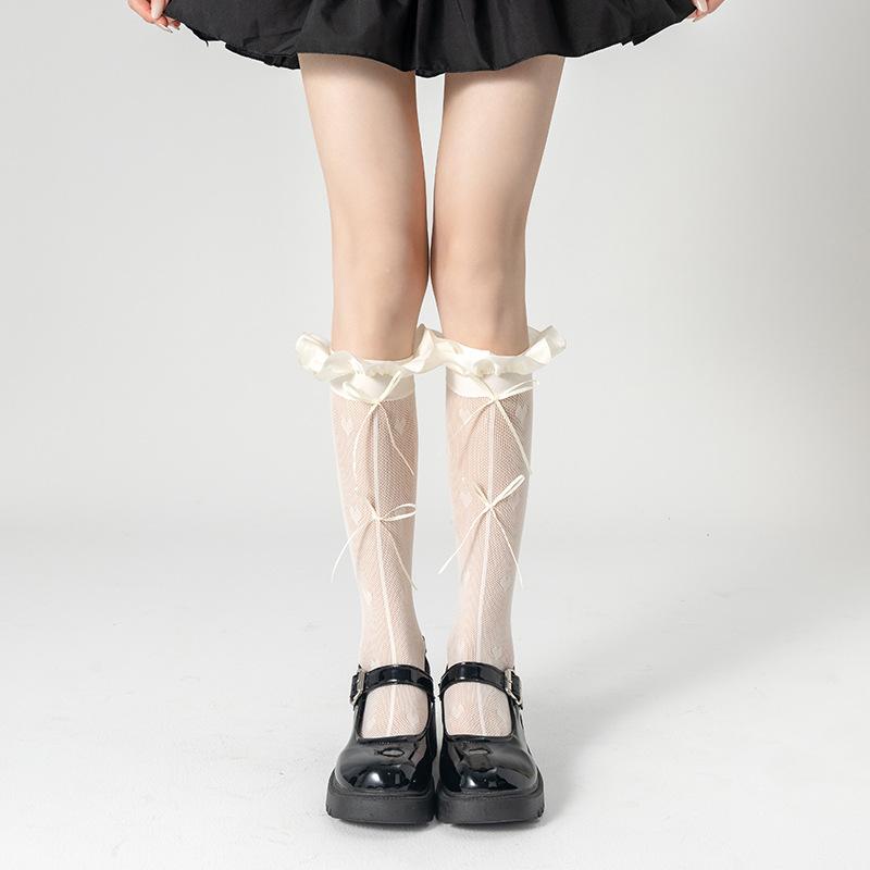 Женские летние тонкие гольфы в полоску «Любовь», балетного стиля, с лентами и кружевом