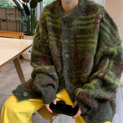 Осень-зима вязаный свитер кардиган однобортный круглый вырез ретро американский стиль толстый эластичный длинный рукав свободный теплый трикотаж повседневная одежда