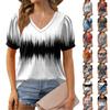 Women's Fashion Color Block Patchwork Print Top Puff Short Sleeve V-neck T-shirt Loose Casual T-shirt
