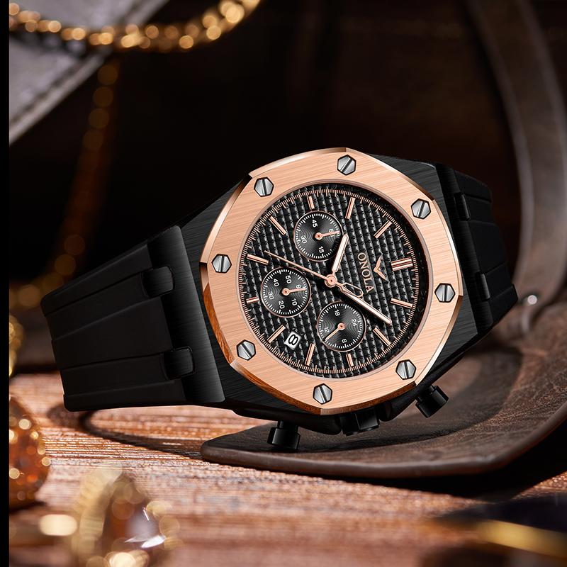 Новые роскошные мужские часы с коробкой ONOLA, многофункциональные мужские водонепроницаемые часы с силиконовым ремешком, мужские кварцевые часы