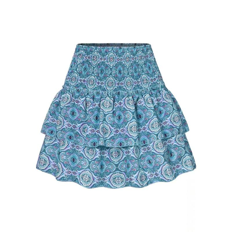 Плиссированная короткая юбка с цветочным принтом для женщин, винтажная женская мини-юбка с высокой талией и рюшами, женское отпускное богемное платье