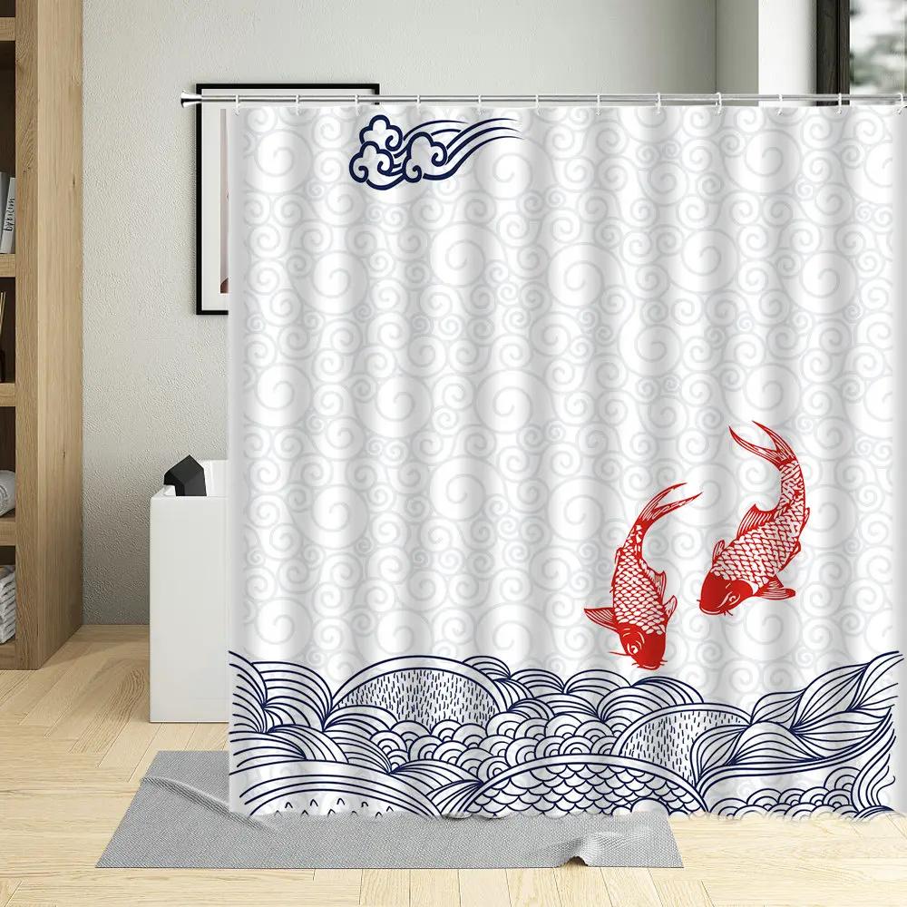 Chinese Style Goldfish Shower Curtain Set Koi Fish Watercolor Waves Wall Decorate White Cloth Bathroom Curtains Polyester Fabr