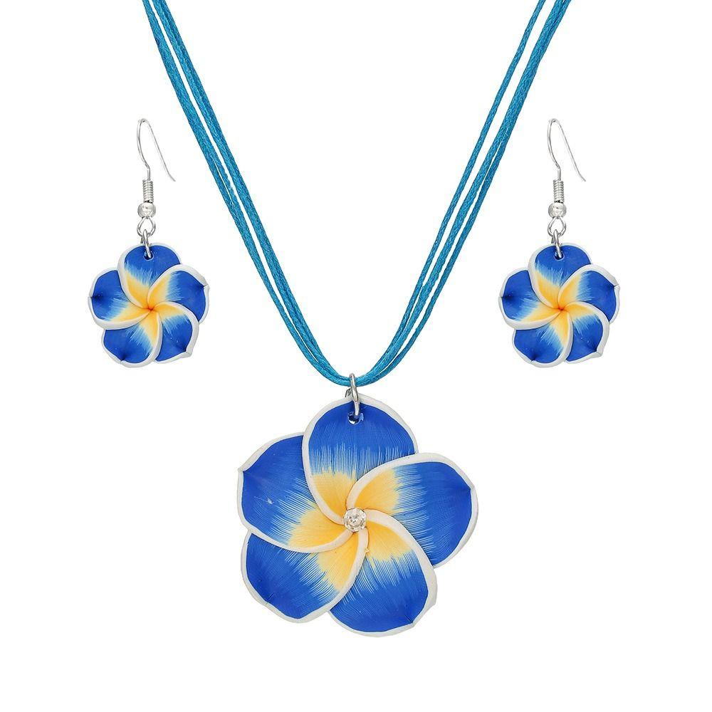 Soft Clay Plumeria Flower Jewelry Set Wax Cord Necklace Set Beach Vacation Accessory