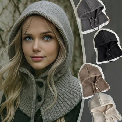 Вязаная шапка однотонная застежка на пуговицы шнурок капюшон шарф женская зимняя теплая ветрозащитная эластичная термошапка
