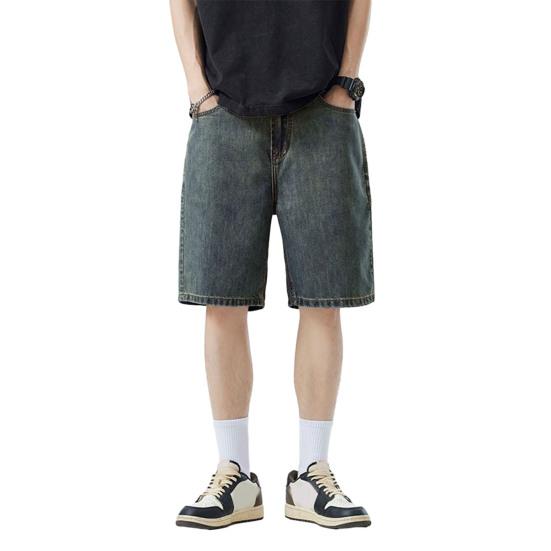 Men Shorts Elastic Waist Mid-rise Summer Casual Sport Shorts with Pockets Straight Wide Leg Denim Shorts