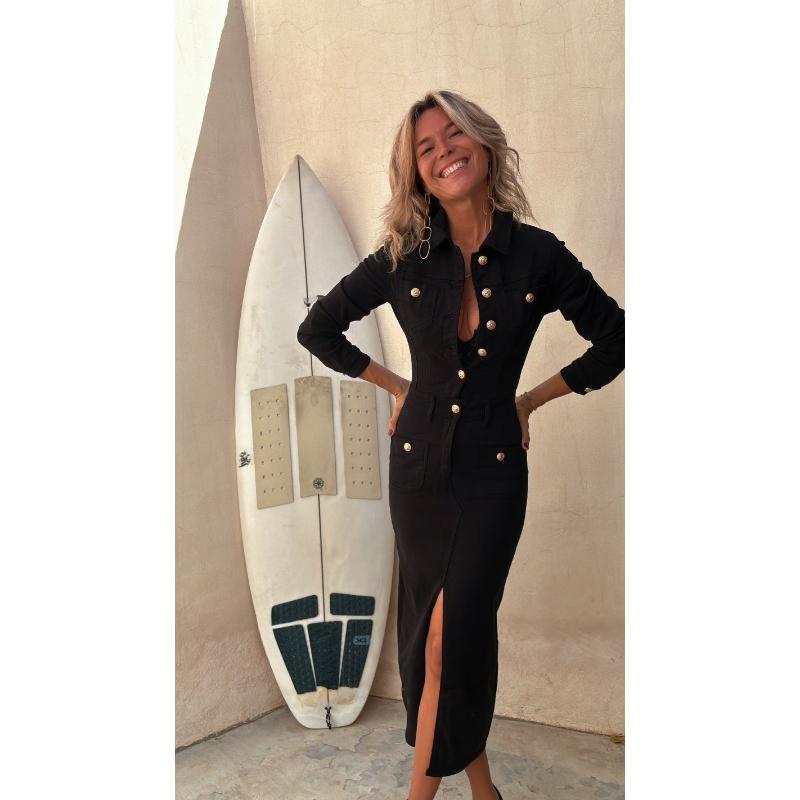 Кнопки Джинсовое Платье Осень Женщины Отложной Воротник Джинсовые Платья Женские Винтажные Повседневные Ковбойские Длинные Платья