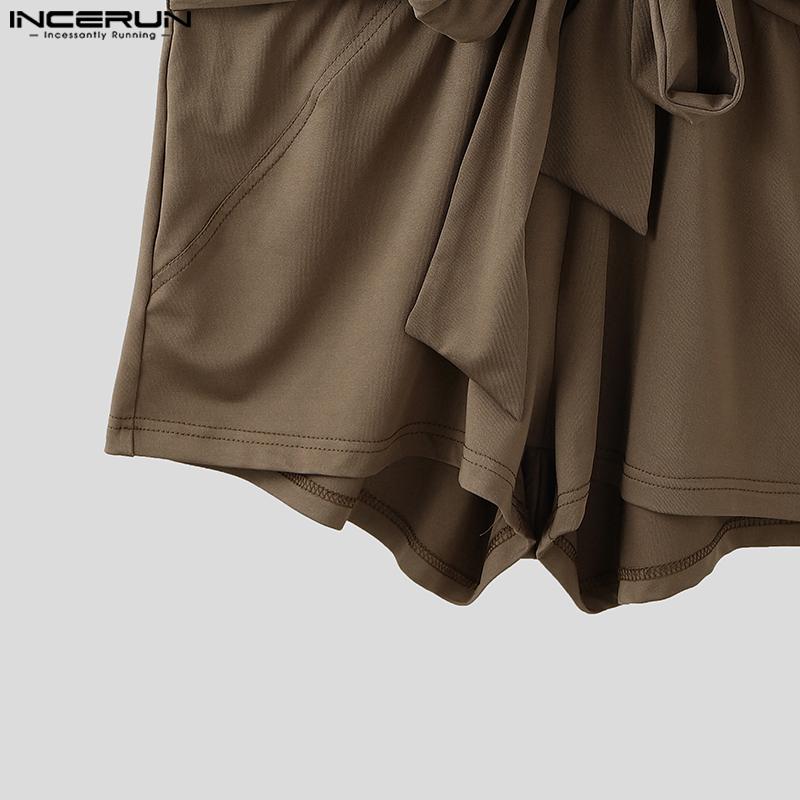 INCERUN Mens Deep V Jumpsuits Sleeveless Bandage Front Short Romper Bodysuits