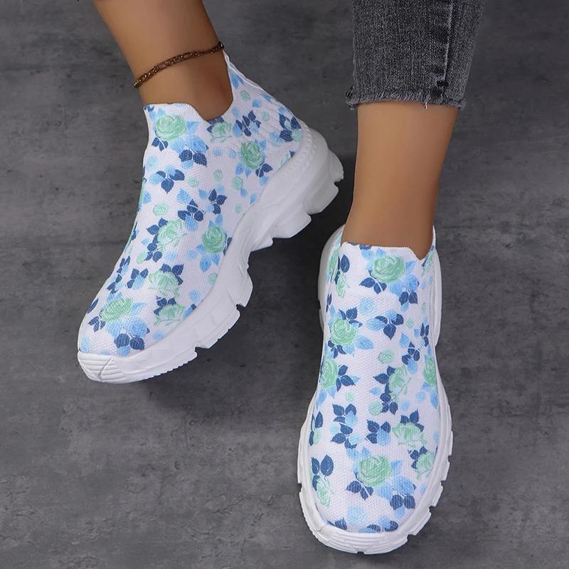 Модные кроссовки для бега с принтом для женщин 2025 весна дышащие вязаные кроссовки женские больших размеров нескользящая платформа спортивная обувь