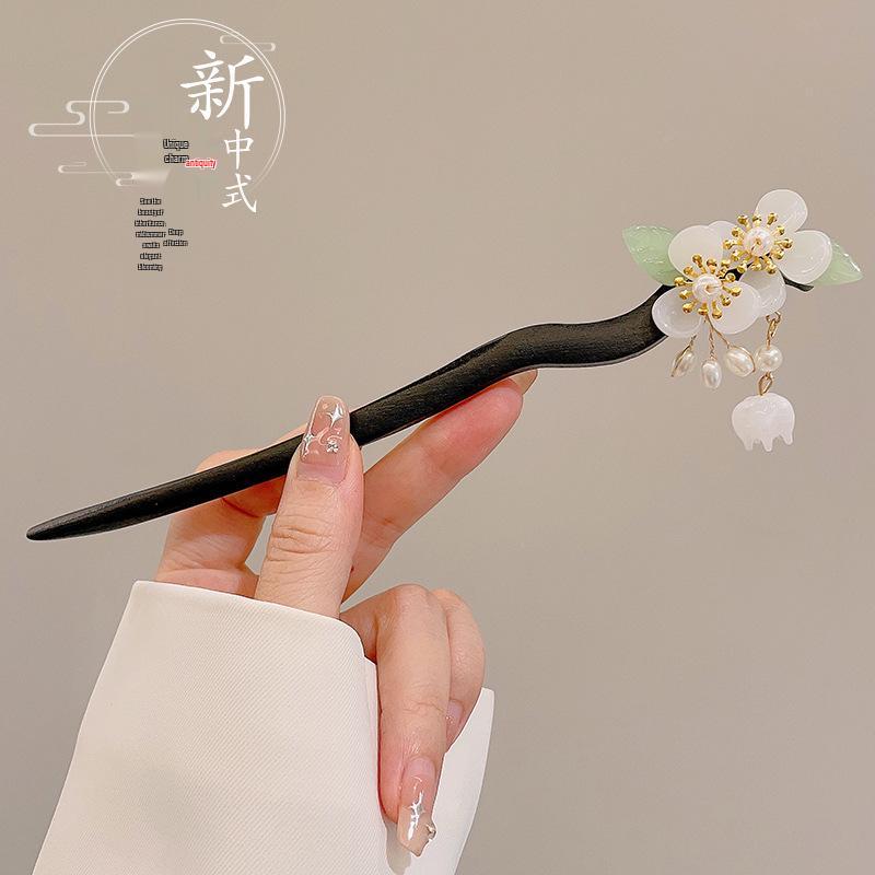 Ancient Style High-End Chinese Sandalwood Tassel Hairpin for Hanfu Costume Updo