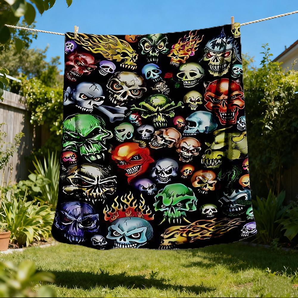 1pc Skull Print Outdoor Flannel Blanket Gift For Boys Girls Adults, Family Friends