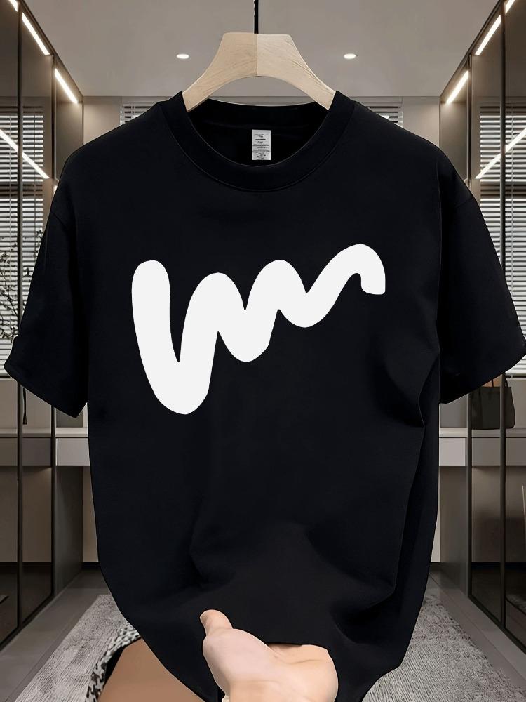 Unisex Black Crew Neck Tee Wave Line Print Oversized Short Sleeve Unisexs Summer Streetwear Casual Basic Comfort Daily Wear Top