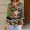 Women's Fashion Casual V-Neck Long Sleeve Decorative Button Christmas Print Top