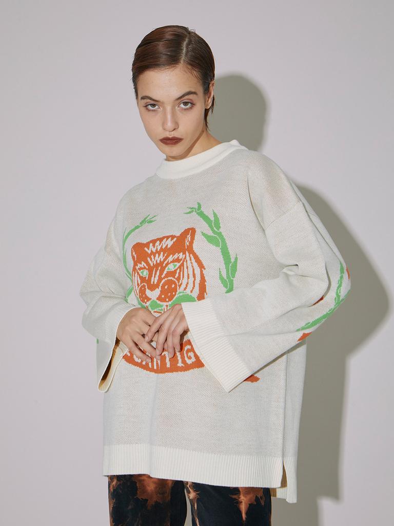 VEGAN TIGER Half-Neck Knit Top (Ivory)