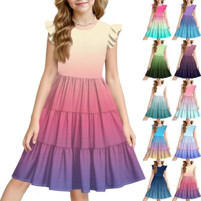 Летнее детское платье для девочек с принтом градиента, повседневное милое платье принцессы с круглым вырезом