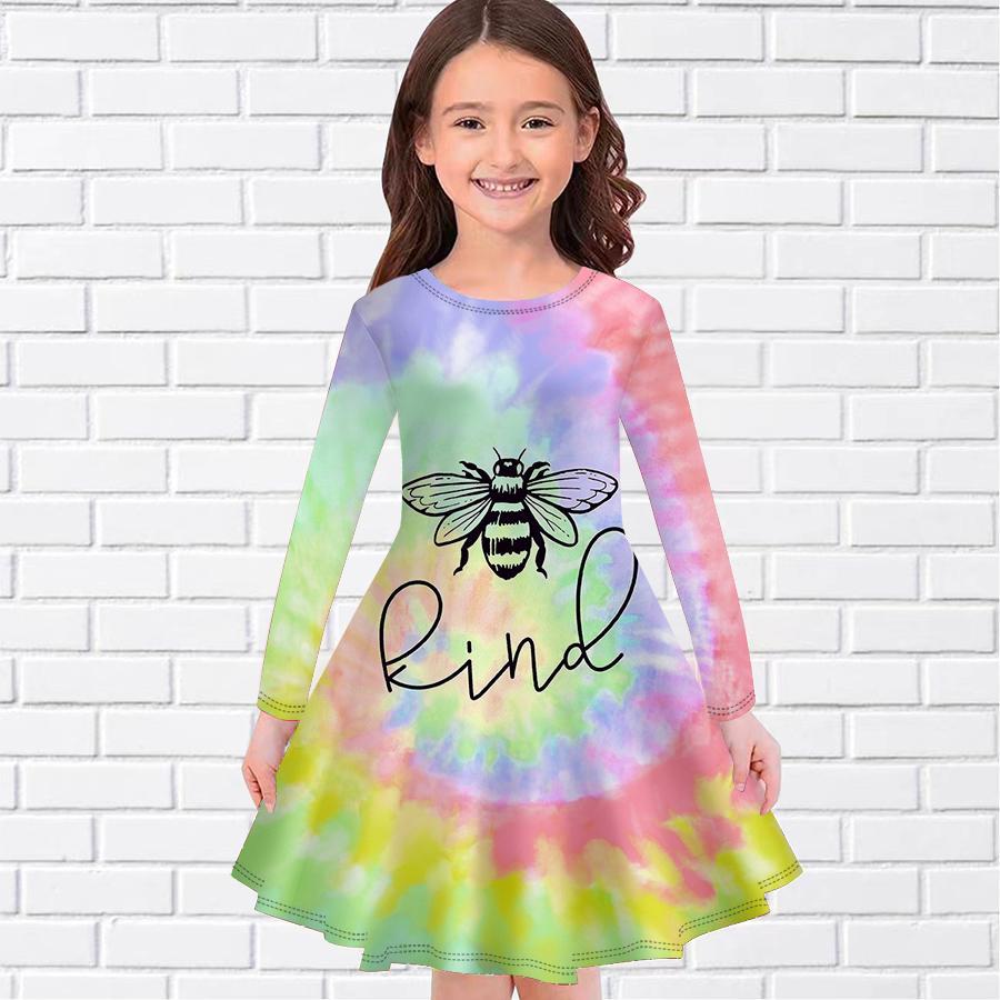 Повседневное платье для девочки с принтом маленькой пчелки и круглым вырезом, с длинными рукавами, детское платье принцессы