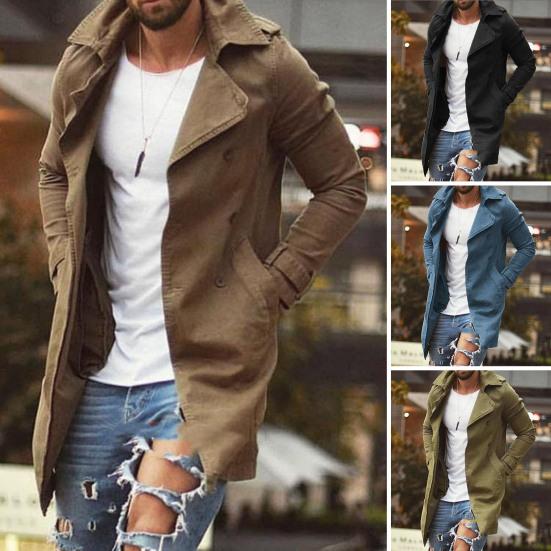 Men Autumn Coat Solid Color Slim Fit Mid Length Lapel Plus Size Pockets Long Sleeve Windproof Buttons Breathable Men Streetwear Jacket