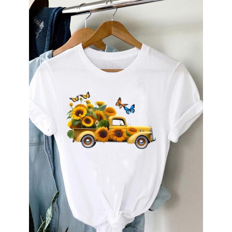 (Европейский размер)  Модная женская футболка Топ Валентин Цветок Грузовик Короткий рукав Принт Женская одежда Повседневная Футболка Женские Графические футболки