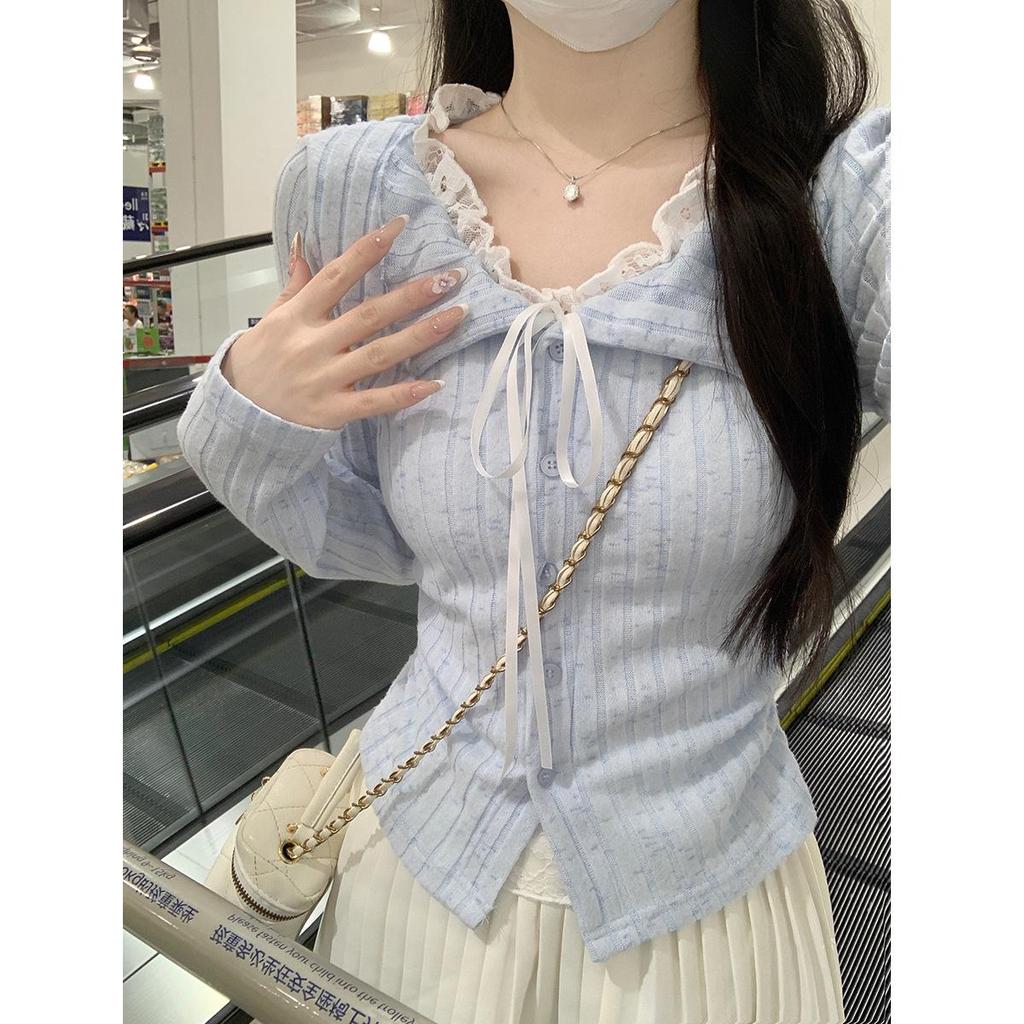 Snowflake Stripe Brushed Blue Lace Two-Piece Long Sleeve T-Shirt - Women's Autumn Short Style