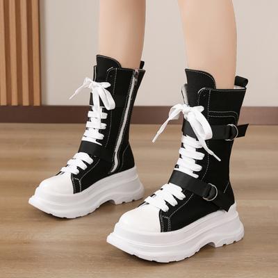 Женские ботинки ZOKI Canvas на толстой платформе, осенние ботинки 2024 года на шнуровке и молнии, женские мотоциклетные ботинки с толстой подошвой и нескользящей подошвой