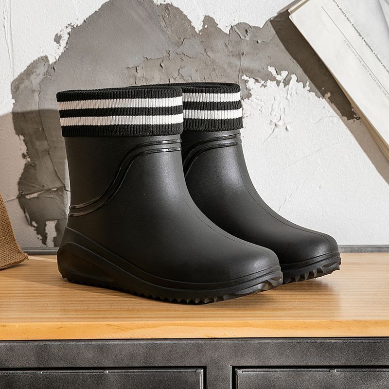 Men's Comfortable Mid-Calf Waterproof Rain Boots Fleece Lined Non-Slip Fishing Kitchen Work Rubber Shoes