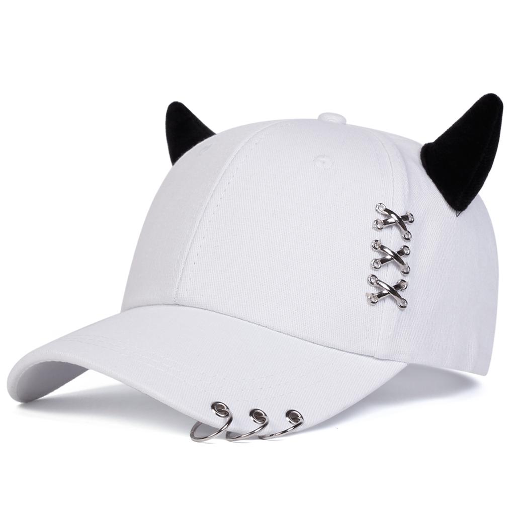 Trendy Unisex Baseball Hat with Iron Ring and Cute Cow Horn Decoration Adjustable Hip Hop Cap for Outdoor Travel