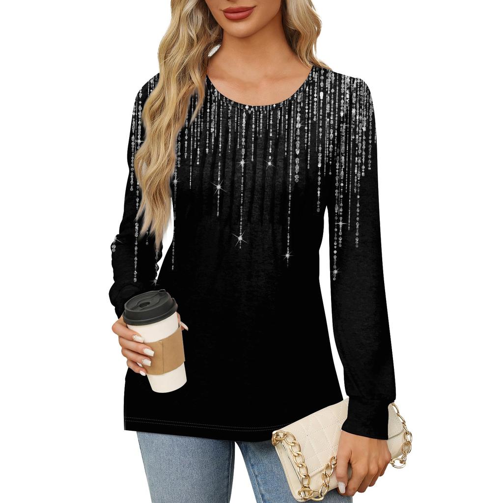 Женская повседневная плиссированная футболка с круглым вырезом и длинными рукавами с принтом