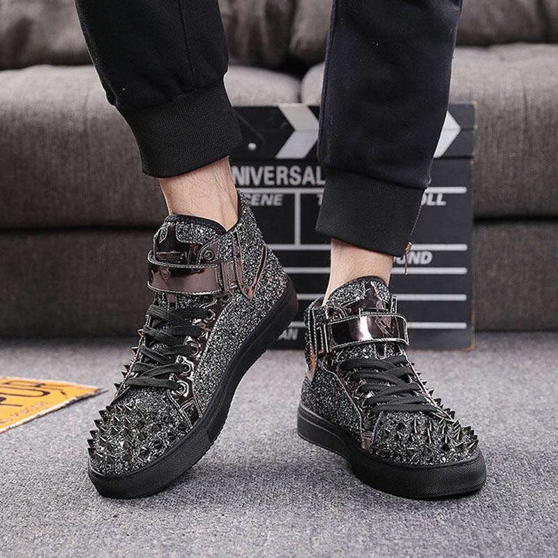 Brand Black Silver Leather Rivets Men Shoes High-Top Fashion Spike Sneakers Shoes Outdoors Flats Casuals Shoes Chaussure Homme