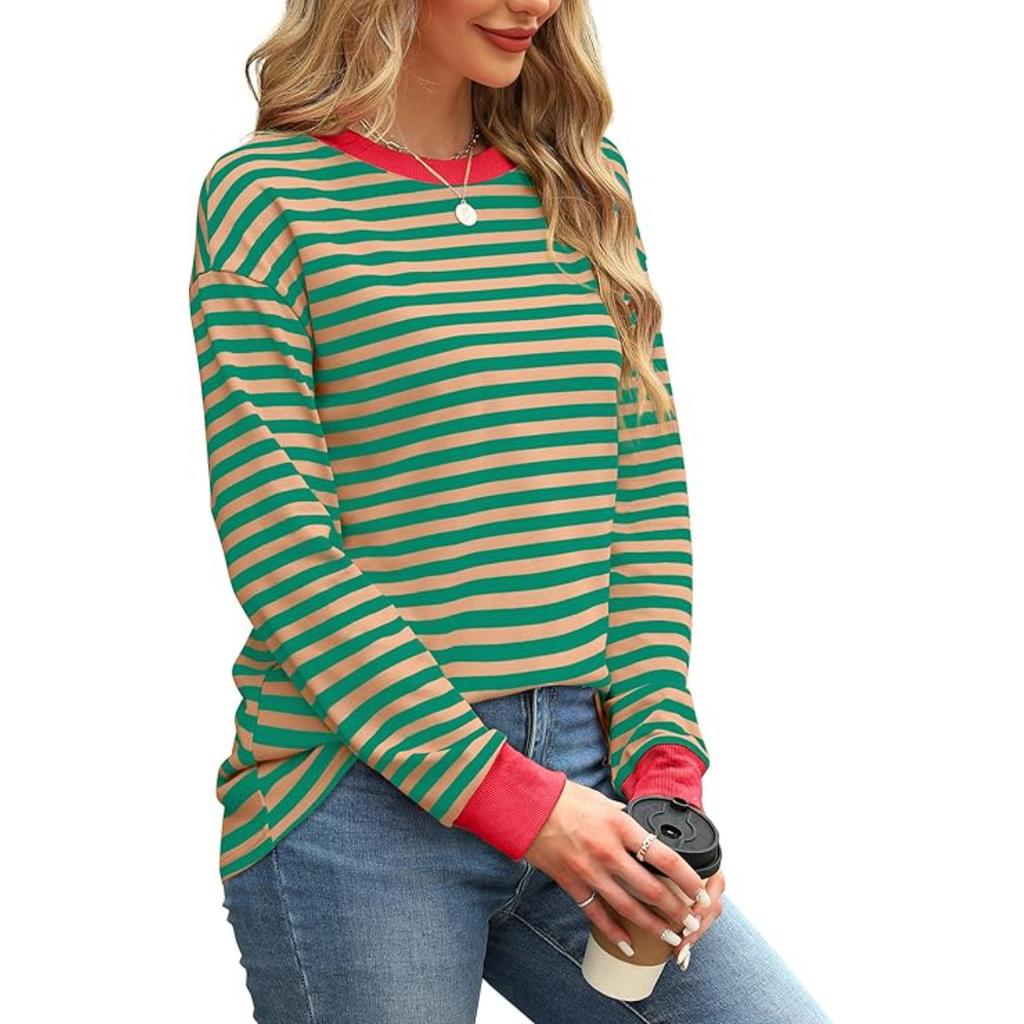 Женская нижняя рубашка осень-зима новая мода контрастного цвета свободный круглый вырез полосатый топ с длинными рукавами