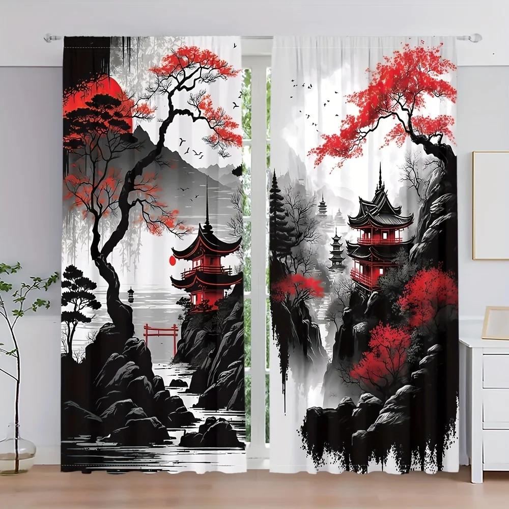 2pcs Chinese Mountain Lnk Painting Print Curtain, Digital Printing Curtains for Living Room Bedroom Kitchen Study, Home Decor