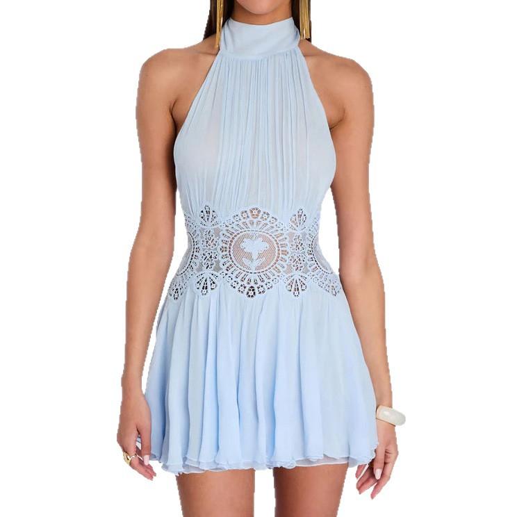 American pure desire style sexy sleeveless neck skirt perspective hollow waist pleated elegant holiday halter dress