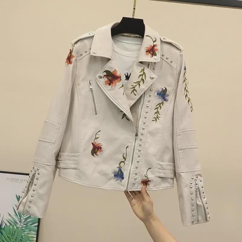 Women's Slim Fit Black Rivet Embroidered Leather Motorcycle Jacket