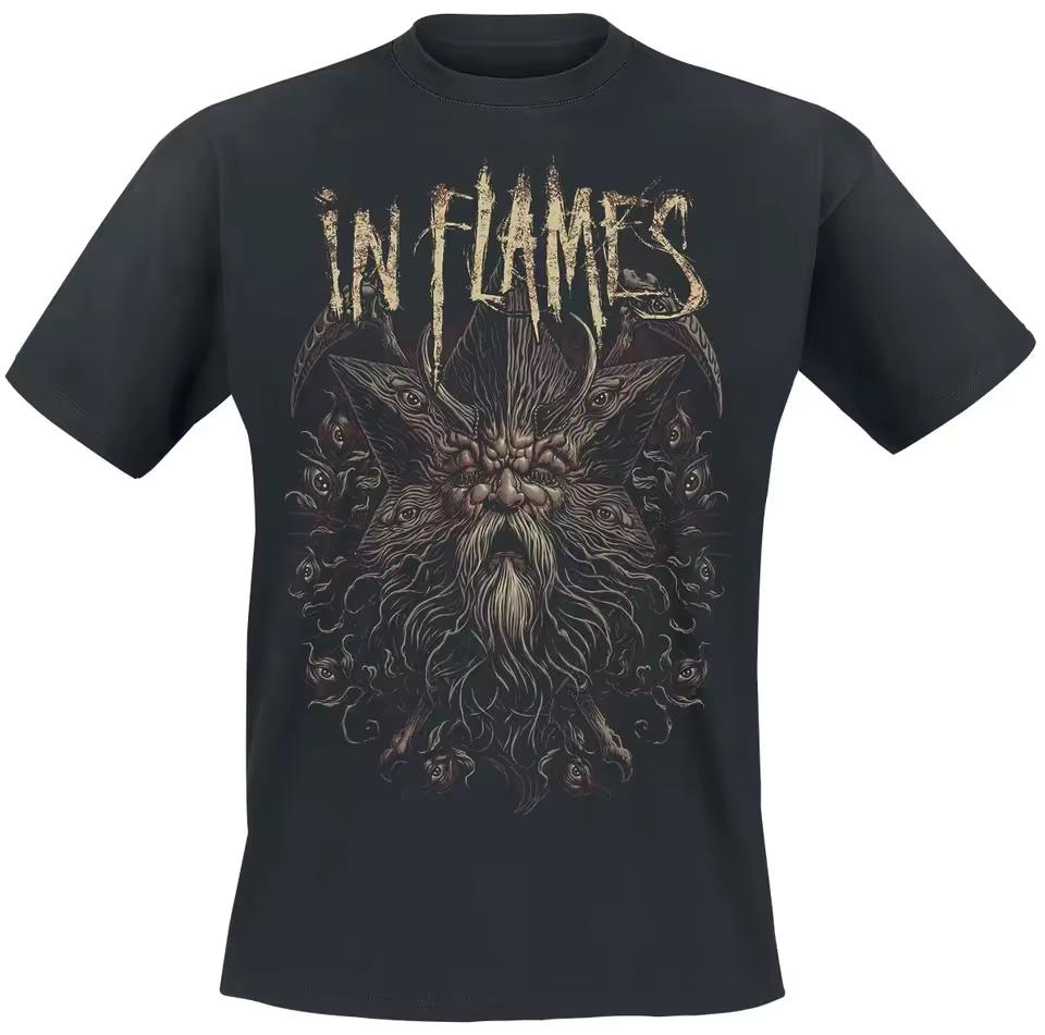 In Flames Gothic Demon Graphic Tee, Black Metal Shirt with Occult Star & Eyes Print for Fans