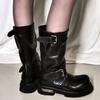 Fashion Women's Punk Motorcycle Boots Street Black Big Toe Platform Square Heels Mid-calf Boots Buckle Belt Shoes