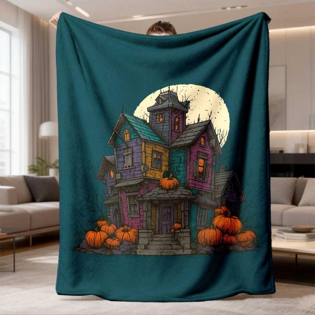 2026 Latest Flannel Blanket | Spooky House Flannel Throw Blanket, Cozy Polyester Fabric, Machine Washable, Warm Home Decor for Living Room, Bedroom, a