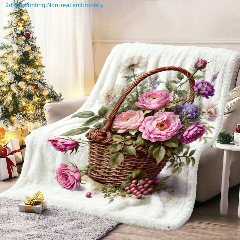1pc Floral Basket Flower Print Blanket, Autumn Floral Scent, Multiple Sizes Available, Fall Thanksgiving Christmas Nap Blanket, Suitable for Living Ro