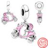 Authentic S925 Sterling Silver Pink Motorcycle Pendant Bluetooth Headphones Pink Gem Charm Fit Fashion Bracelet Women Jewelry