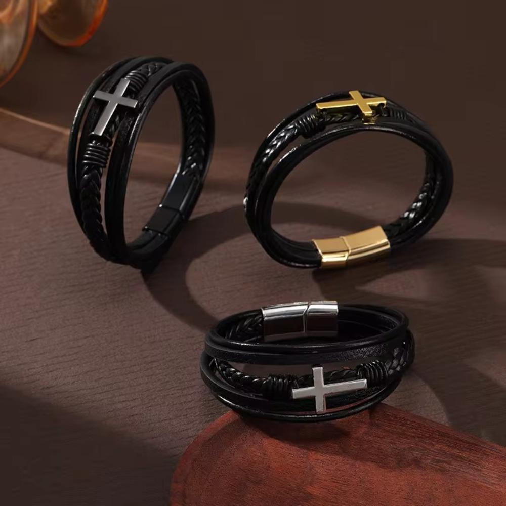 Multilayer Cross Bracelet Hand Braided Cuff Bracelet Classic Leather Bracelet